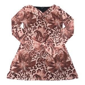 Leopard Floral Long Sleeve Mesh Cowl Neck Dress